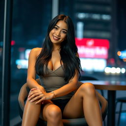 a sexy hot Asian woman with long black hair, wearing a stylish, form-fitting outfit, sitting confidently on a modern chair, with an alluring smile, soft ambient lighting highlighting her features, in a chic urban setting, exuding charisma and charm