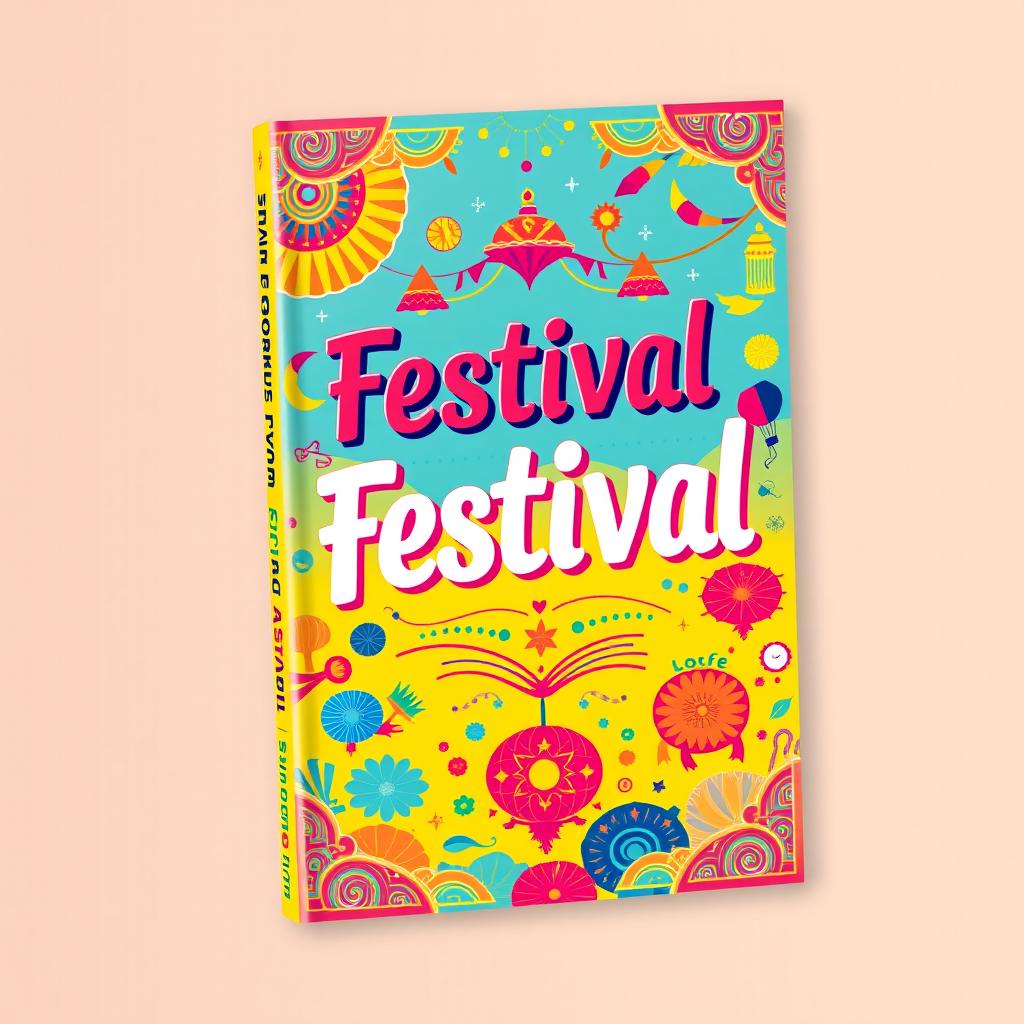 A vibrant and colorful book cover designed as a festival poster, featuring an eye-catching blend of colors #d7753c (orange), #d7a241 (yellow), #5858a3 (blue), and #be2976 (pink)