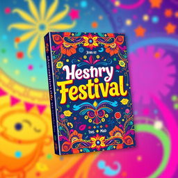 A vibrant and colorful book cover designed as a festival poster, featuring an eye-catching blend of colors #d7753c (orange), #d7a241 (yellow), #5858a3 (blue), and #be2976 (pink)