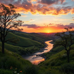 A serene landscape in a horizontal format, featuring rolling hills and a vibrant sunset in the background