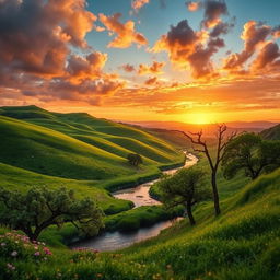 A serene landscape in a horizontal format, featuring rolling hills and a vibrant sunset in the background