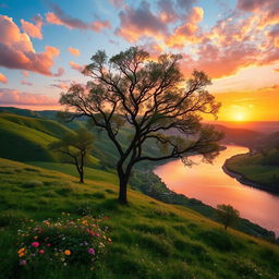 A serene landscape in a horizontal format, featuring rolling hills and a vibrant sunset in the background