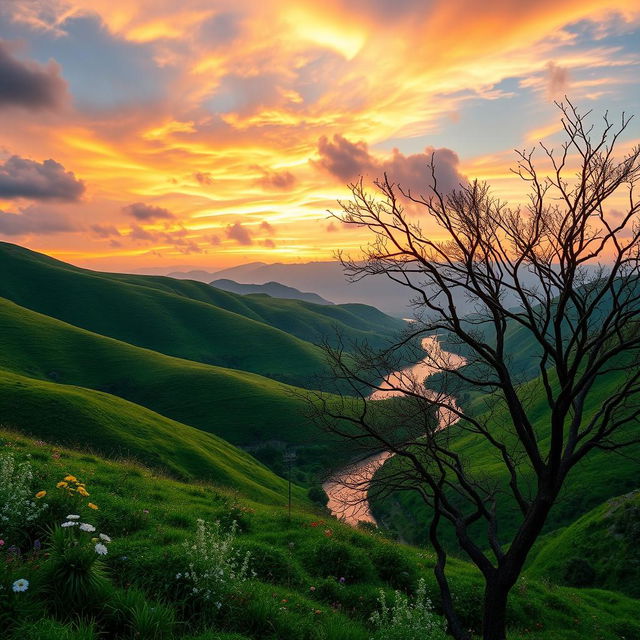 A serene landscape in a horizontal format, featuring rolling hills and a vibrant sunset in the background