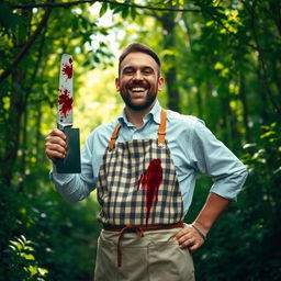 A joyful butcher standing in a lush green forest, grinning widely as he confidently holds a gleaming cleaver in one hand