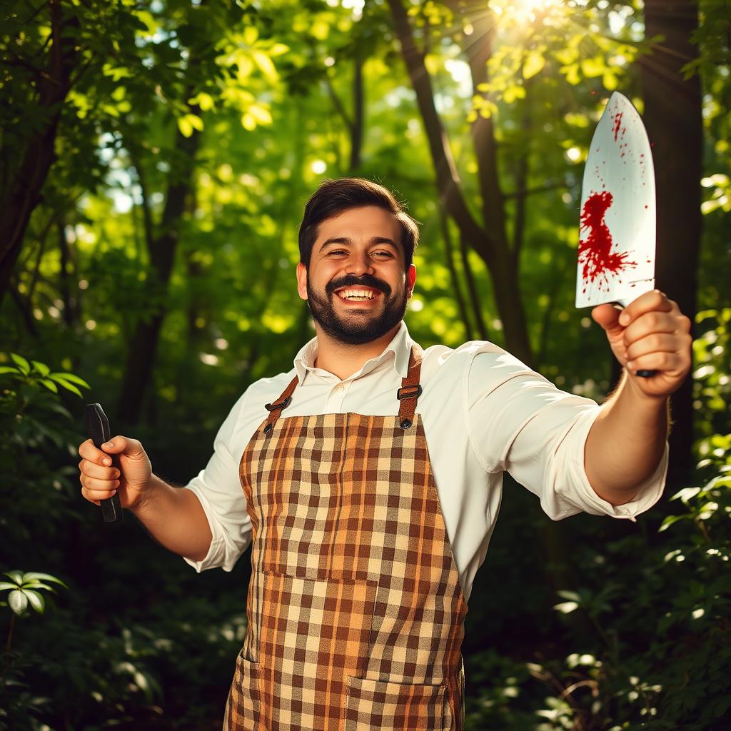 A joyful butcher standing in a lush green forest, grinning widely as he confidently holds a gleaming cleaver in one hand