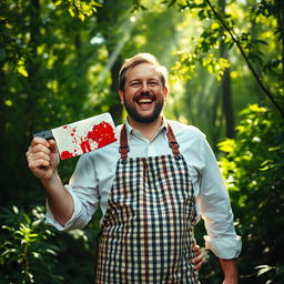 A joyful butcher standing in a lush green forest, grinning widely as he confidently holds a gleaming cleaver in one hand