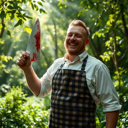 A joyful butcher standing in a lush green forest, grinning widely as he confidently holds a gleaming cleaver in one hand