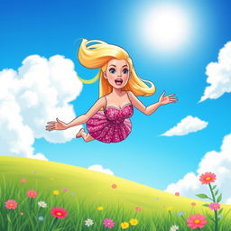 A vibrant, cartoonish scene depicting a Barbie doll with a frightened expression as she falls from a bright blue sky