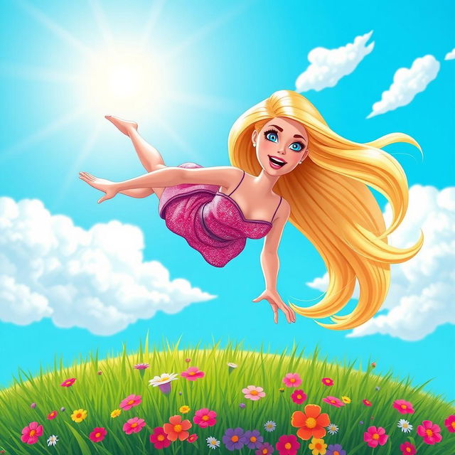 A vibrant, cartoonish scene depicting a Barbie doll with a frightened expression as she falls from a bright blue sky