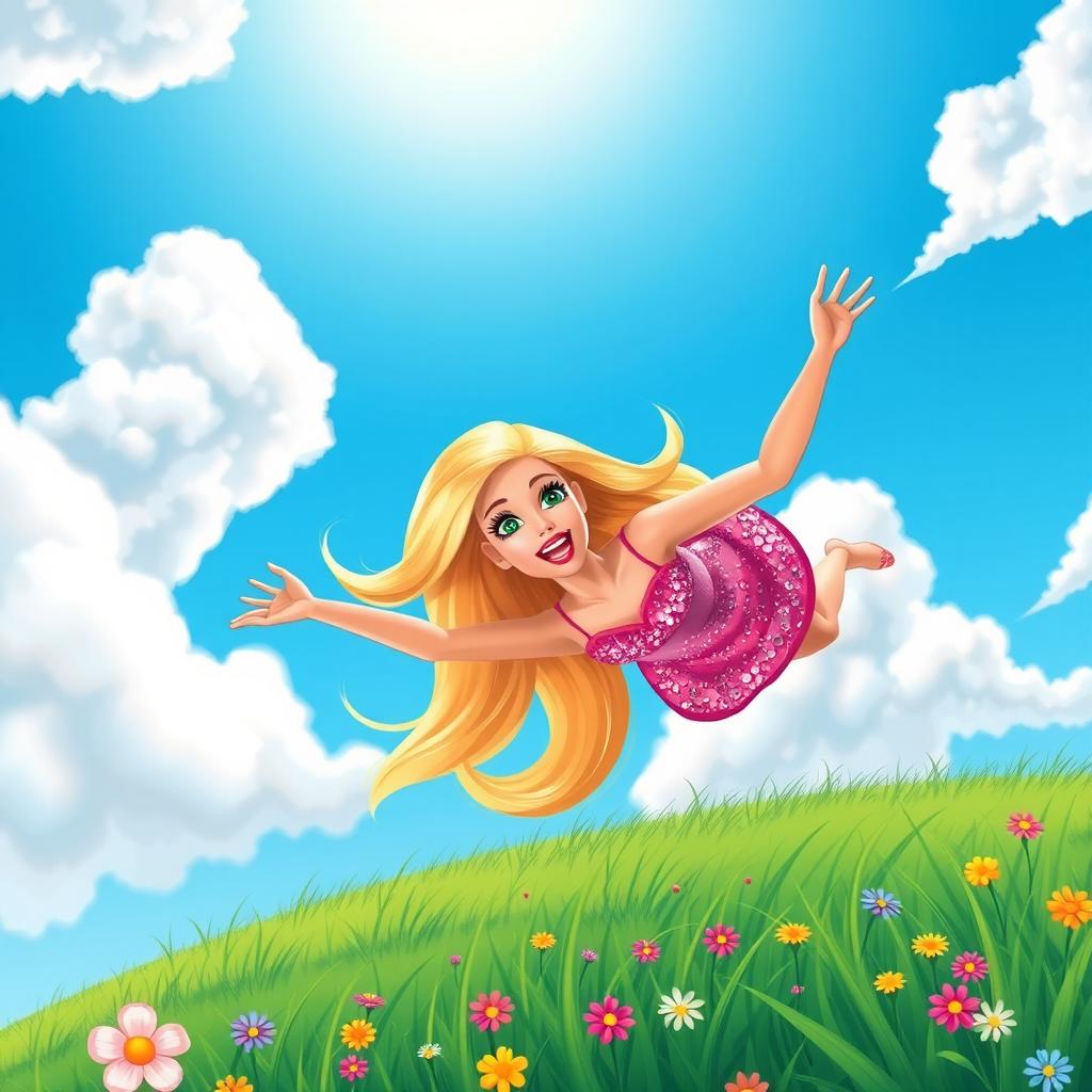 A vibrant, cartoonish scene depicting a Barbie doll with a frightened expression as she falls from a bright blue sky