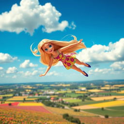 A whimsical scene featuring a cartoon-style Barbie doll falling gracefully from the sky with a scared expression on her face