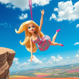 A whimsical scene featuring a cartoon-style Barbie doll falling gracefully from the sky with a scared expression on her face