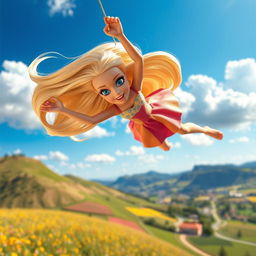 A whimsical scene featuring a cartoon-style Barbie doll falling gracefully from the sky with a scared expression on her face