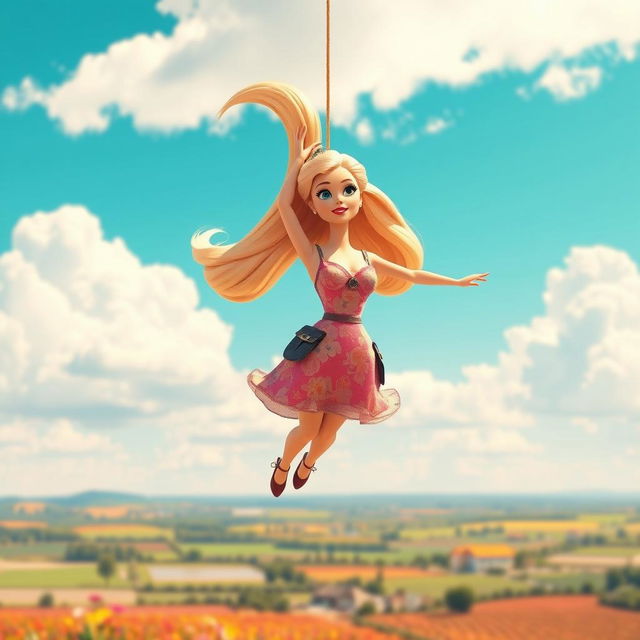 A whimsical scene featuring a cartoon-style Barbie doll falling gracefully from the sky with a scared expression on her face