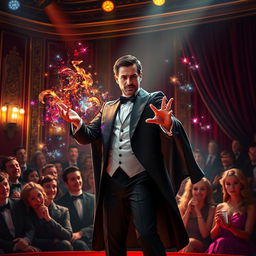 A stunning digital artwork featuring a professional magician in an elaborate performance on stage