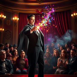 A stunning digital artwork featuring a professional magician in an elaborate performance on stage