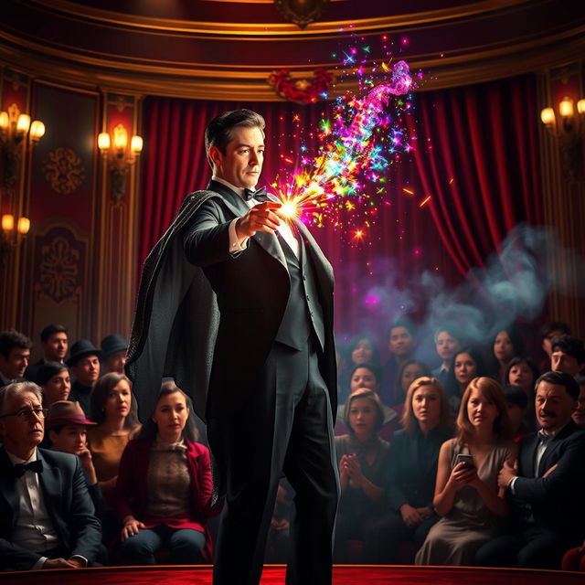 A stunning digital artwork featuring a professional magician in an elaborate performance on stage