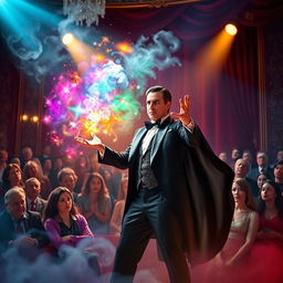 A stunning digital artwork featuring a professional magician in an elaborate performance on stage