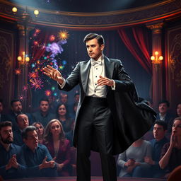 A stunning digital artwork featuring a professional magician in an elaborate performance on stage