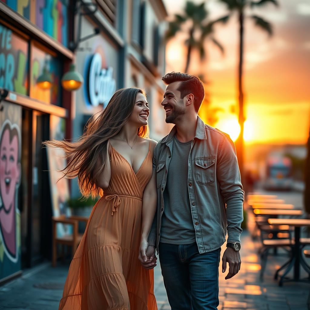 A stylish and romantic scene of a loving couple sharing a joyful moment in a vibrant city setting