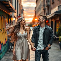 A stylish and romantic scene of a loving couple sharing a joyful moment in a vibrant city setting