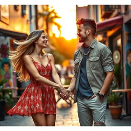 A stylish and romantic scene of a loving couple sharing a joyful moment in a vibrant city setting
