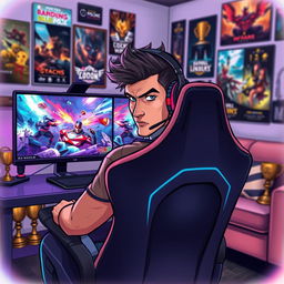 A dynamic digital illustration of a professional gamer intensely focused on their gaming setup