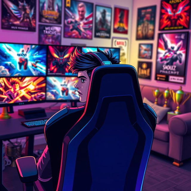 A dynamic digital illustration of a professional gamer intensely focused on their gaming setup