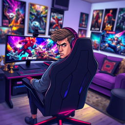 A dynamic digital illustration of a professional gamer intensely focused on their gaming setup