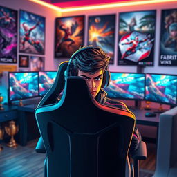 A dynamic digital illustration of a professional gamer intensely focused on their gaming setup