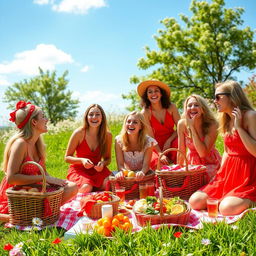 A vibrant summer picnic scene featuring a group of friends enjoying a sunny day outdoors