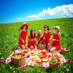 A vibrant summer picnic scene featuring a group of friends enjoying a sunny day outdoors