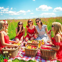 A vibrant summer picnic scene featuring a group of friends enjoying a sunny day outdoors