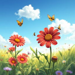 A vibrant and detailed illustration of a 'blood chamomile flower' (گل بابونه خونی) in full bloom