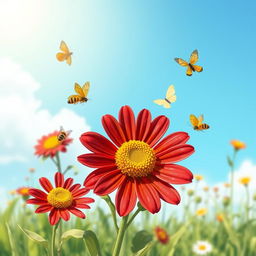 A vibrant and detailed illustration of a 'blood chamomile flower' (گل بابونه خونی) in full bloom