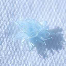 A macro shot of light blue lint elevated against a textured white background, showcasing the microscopic fibers and intricate details of the lint