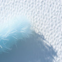 A macro shot of light blue lint elevated against a textured white background, showcasing the microscopic fibers and intricate details of the lint