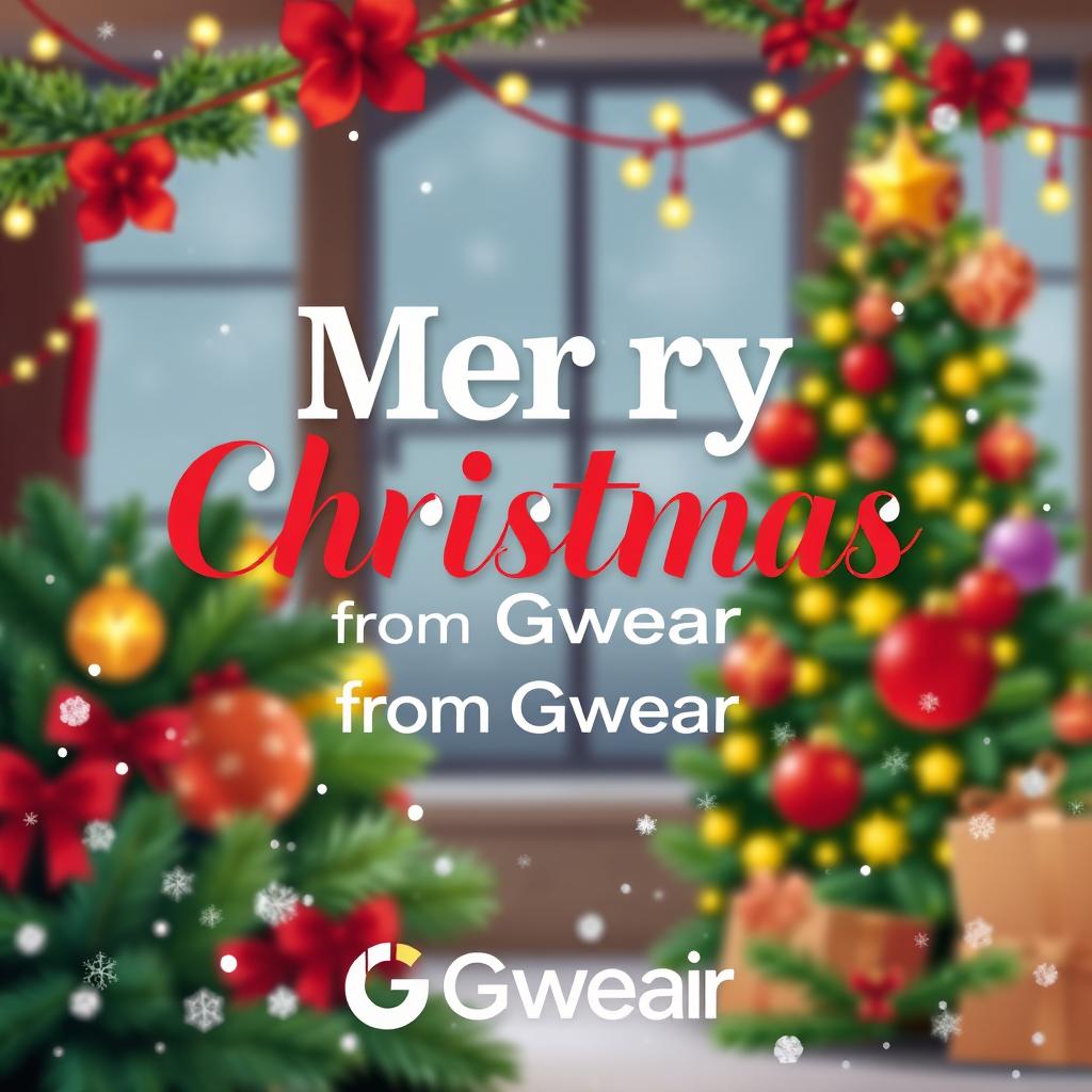 A festive and cheerful digital illustration featuring the text "Merry Christmas from Gwear" in a stylish and modern font