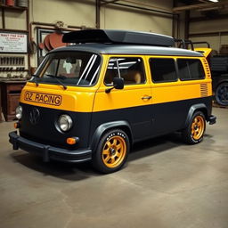 A vintage Volkswagen T1 designed for Le Mans, featuring 13" OZ Racing Super Turismo wheels in a striking golden color