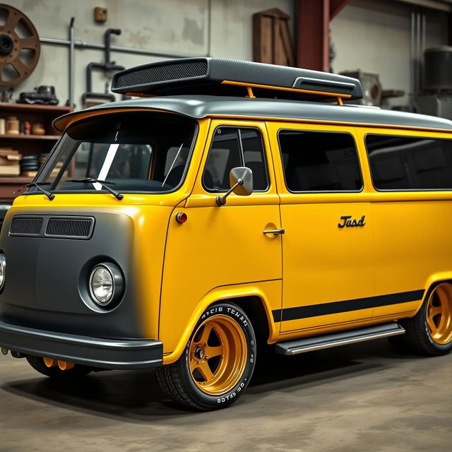 A vintage Volkswagen T1 designed for Le Mans, featuring 13" OZ Racing Super Turismo wheels in a striking golden color