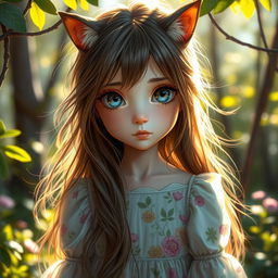 A girl with cat-like eyes, featuring captivating and mysterious feline pupils, surrounded by an enchanting forest setting