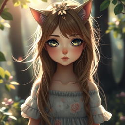 A girl with cat-like eyes, featuring captivating and mysterious feline pupils, surrounded by an enchanting forest setting