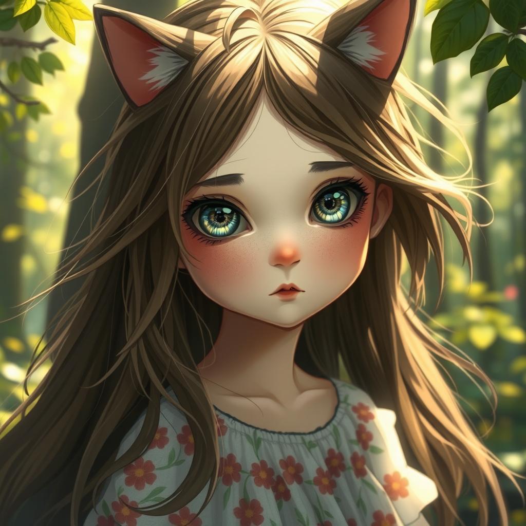 A girl with cat-like eyes, featuring captivating and mysterious feline pupils, surrounded by an enchanting forest setting