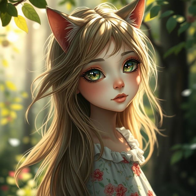 A girl with cat-like eyes, featuring captivating and mysterious feline pupils, surrounded by an enchanting forest setting