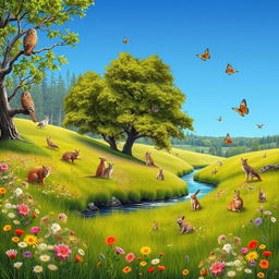 A serene meadow scene filled with a variety of animals and vibrant landscapes