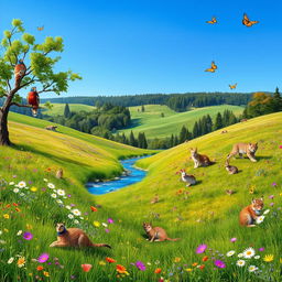 A serene meadow scene filled with a variety of animals and vibrant landscapes
