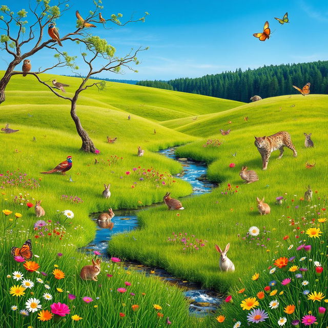 A serene meadow scene filled with a variety of animals and vibrant landscapes