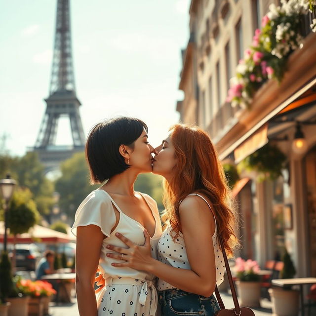 A romantic scene featuring a lesbian couple in Paris, with the iconic Eiffel Tower in the background