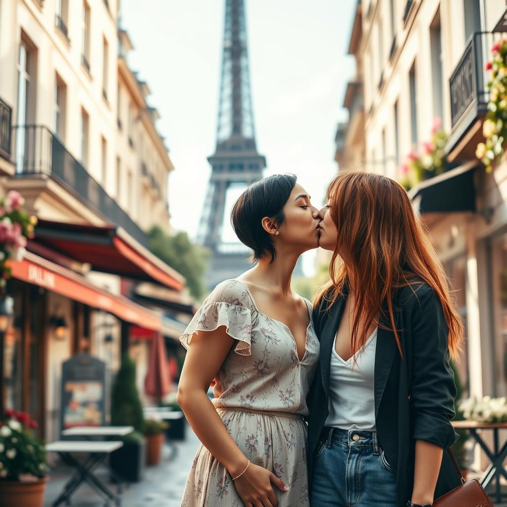 A romantic scene featuring a lesbian couple in Paris, with the iconic Eiffel Tower in the background