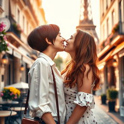 A romantic scene featuring a lesbian couple in Paris, with the iconic Eiffel Tower in the background